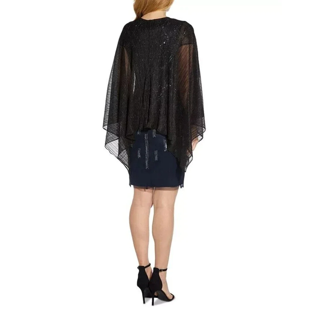 Adrianna Papell Women's Collarless Open front Asymmetrical-Hem Shawl Black OS